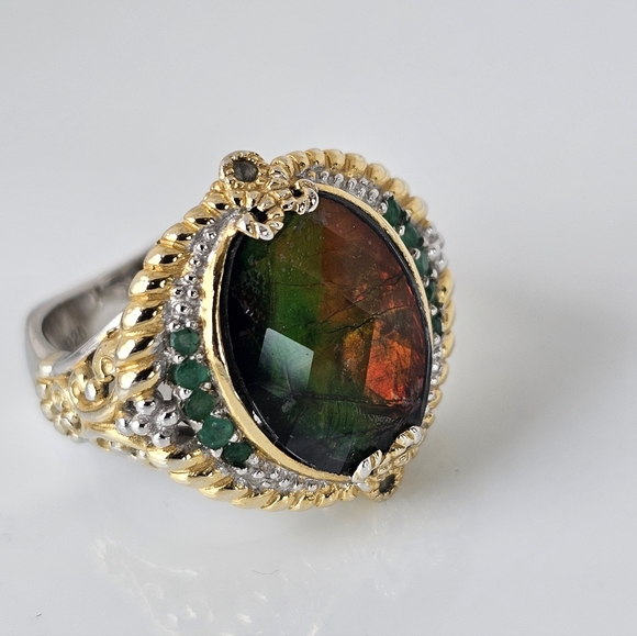Rare Natural Ammolite & Emerald Ring Palladium Sterling Silver 18k Size 8! - Picture 3 of 11